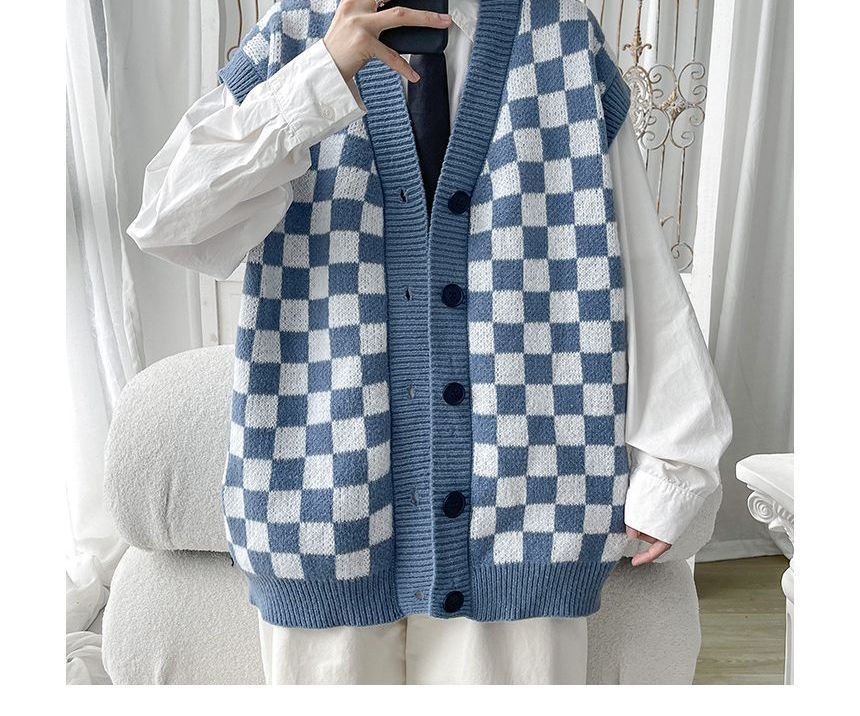 POSI - Checkerboard Single-Breasted Sweater Vest