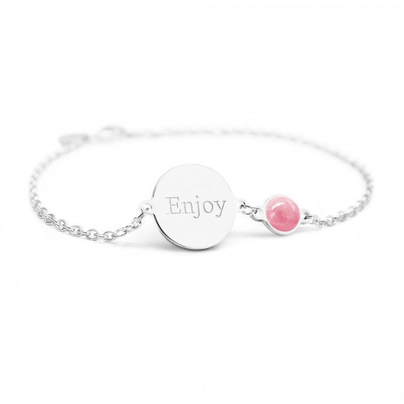 Bracelet chaine médaille et pierre rose argent 925 femme - gravure ENJOY
