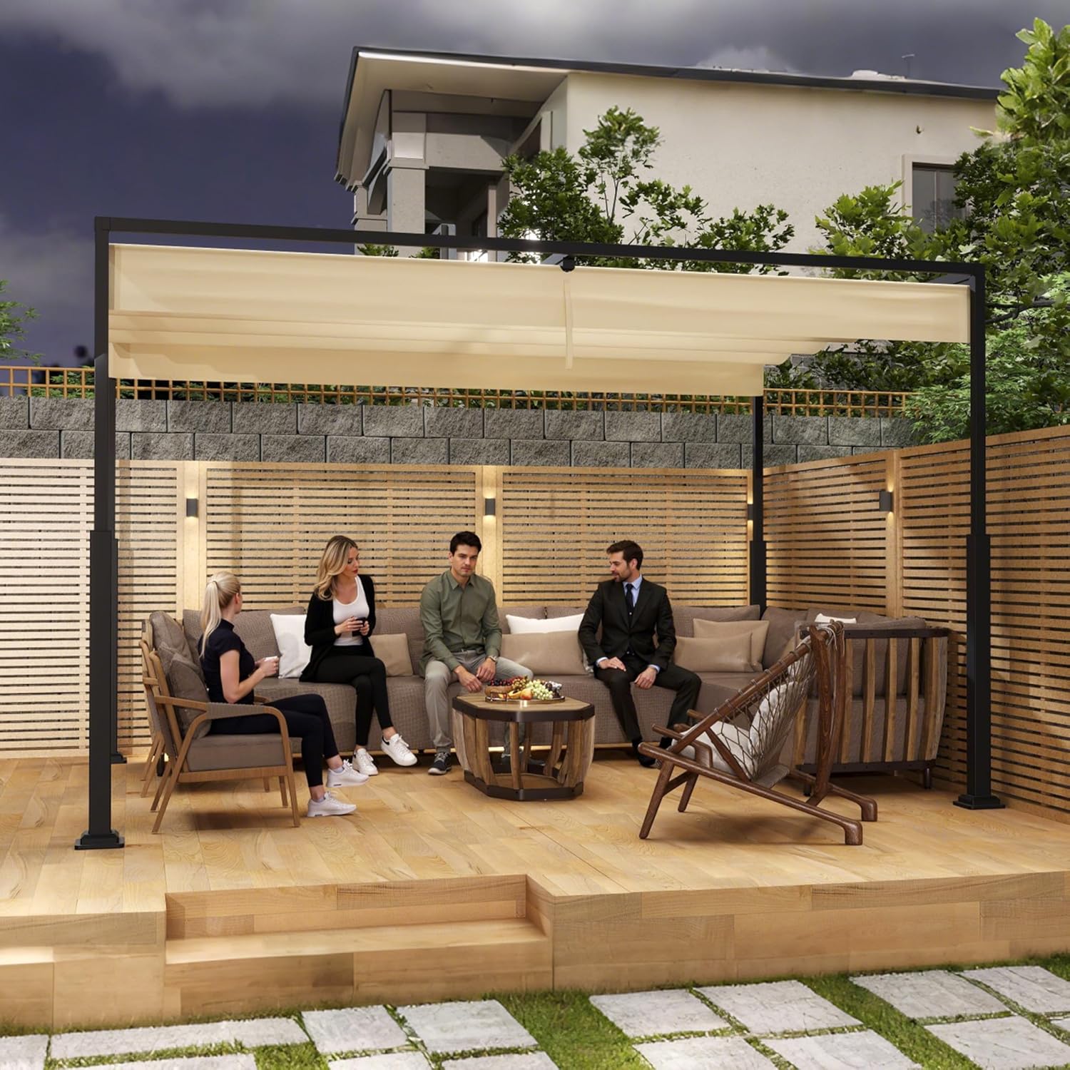 UISEBRT Metall Pergola 3x4 m wasserdicht stabil Winterfest,Pavillon mit lamellendach,überdachung freistehend mit Schiebedach Sonnenschutz für Gärten und Terrassen,Beige