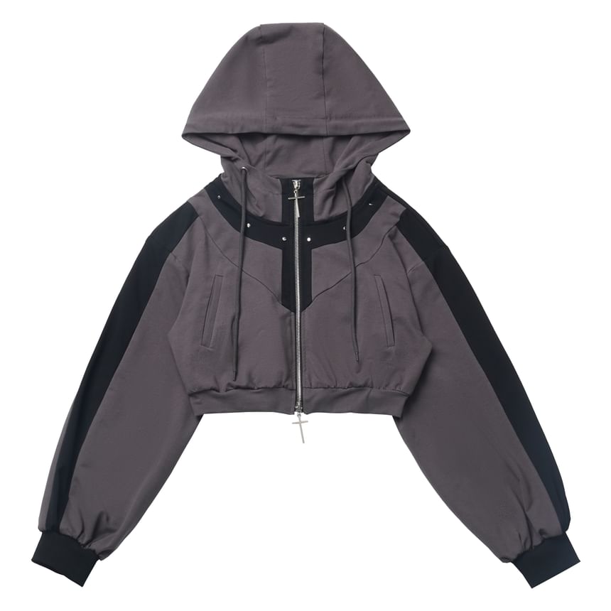 Florimi - Hoodie met rits en opstaande kraag, tweekleurig paneel