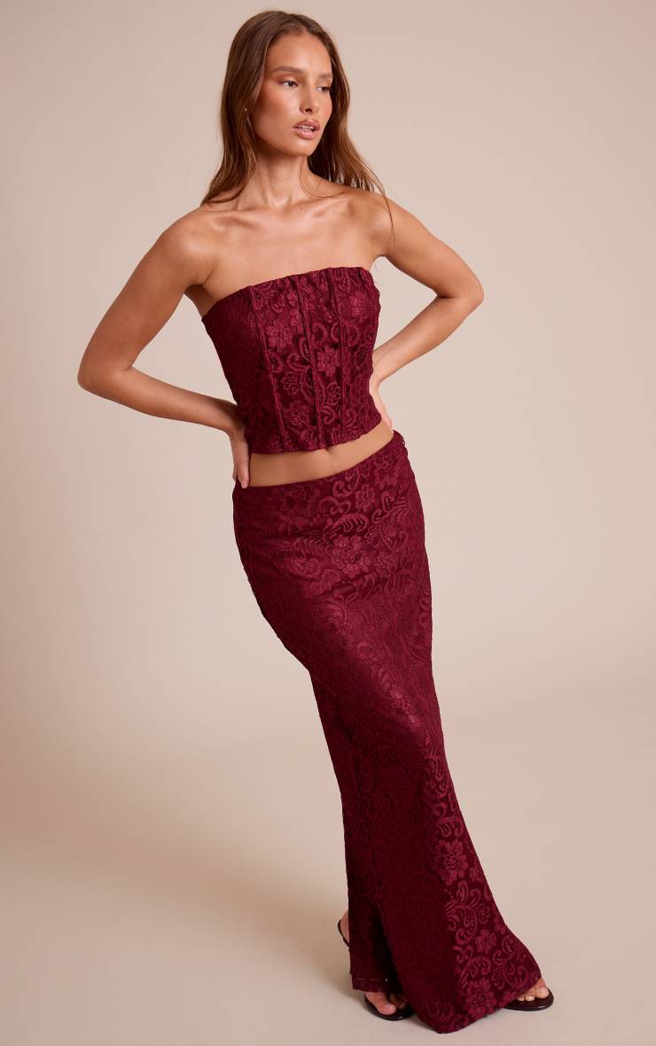 Rouge Vin Top Corset Bustier À Lacets Avec Baleines Ensemble Coordonné