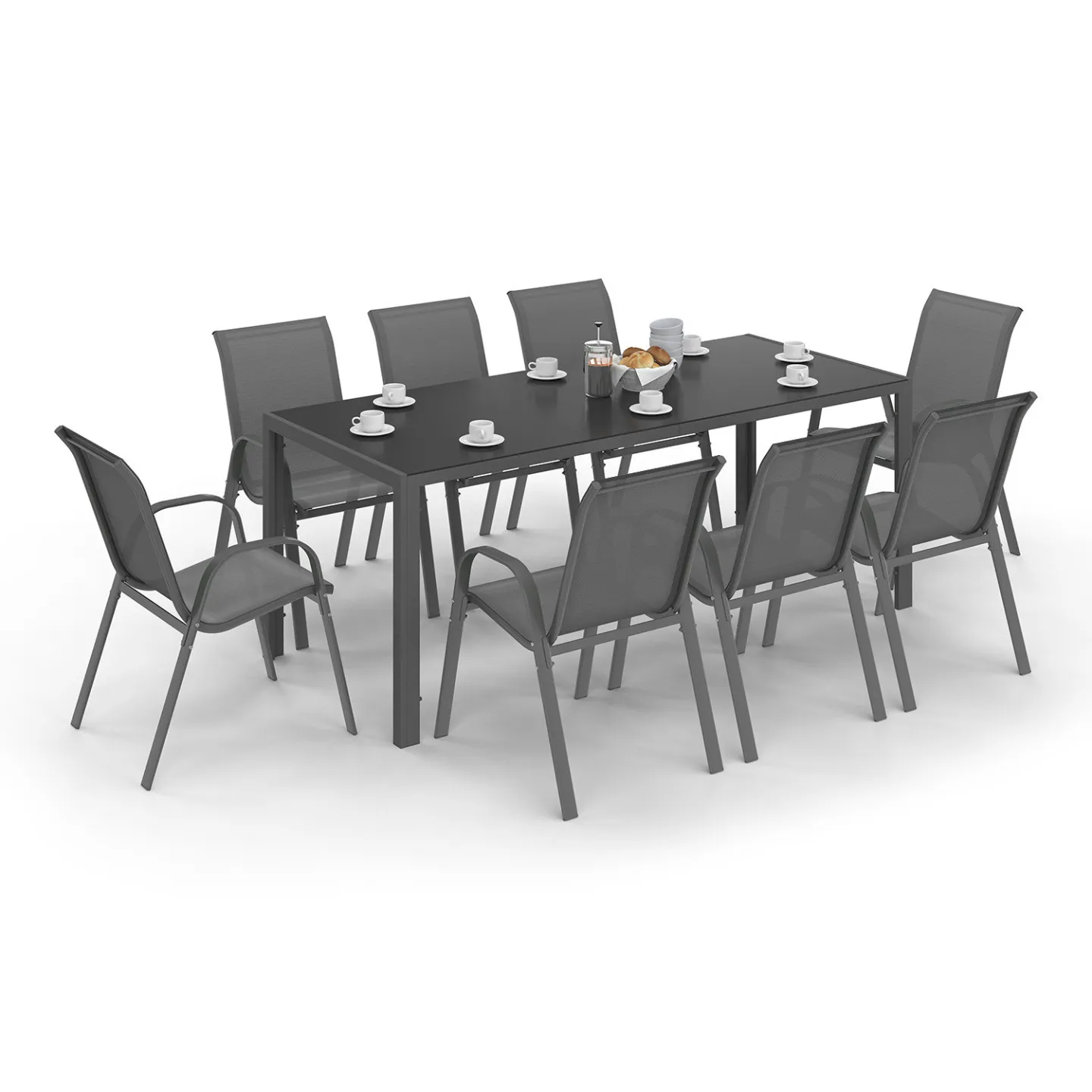 Salon de jardin MADRID table 190 CM et 8 chaises empilables gris anthracite