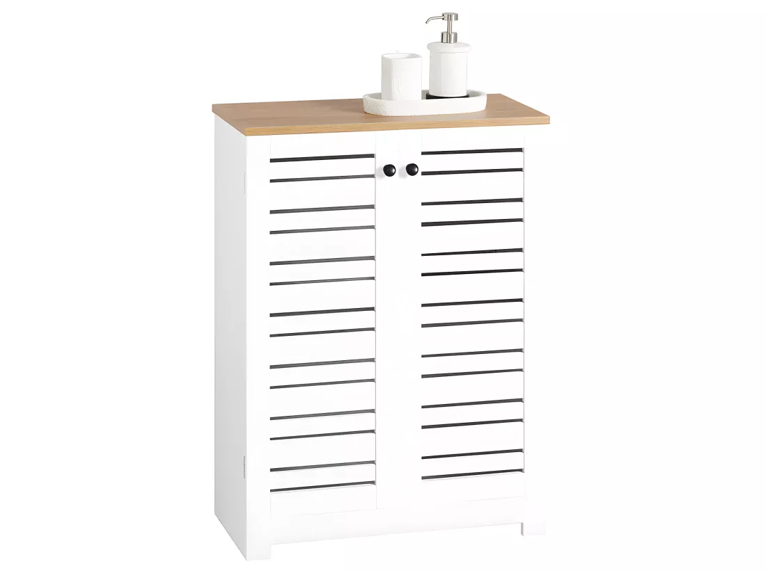 Meuble Bas Placard De Rangement Armoire Meuble De Salle De Bain Avec 2 Portes Persiennes, BZr41-w