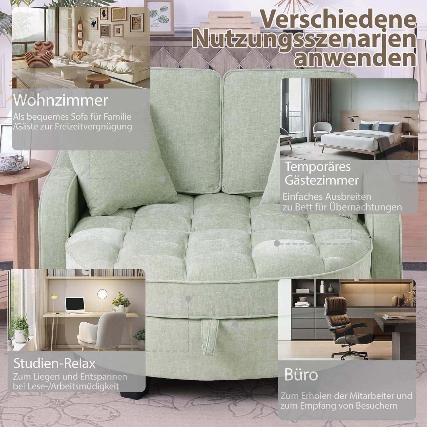 Sofa mit Schlaffunktion, 2-in-1 Schlafsofa, Modulares Sofa, Aufbewahrungs-Hocker & 4 Kisse, für Kleine Wohnzimmer, Studienzimmer, Schlafzimmer, 132×129×93cm (Cyan)