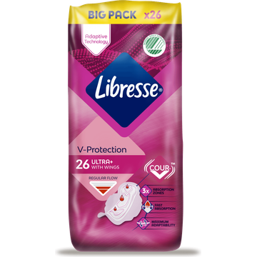 Libresse V-Protection Maandverbanden Ultra+ with Wings Regular Flow Big Pack 26 Stuks
