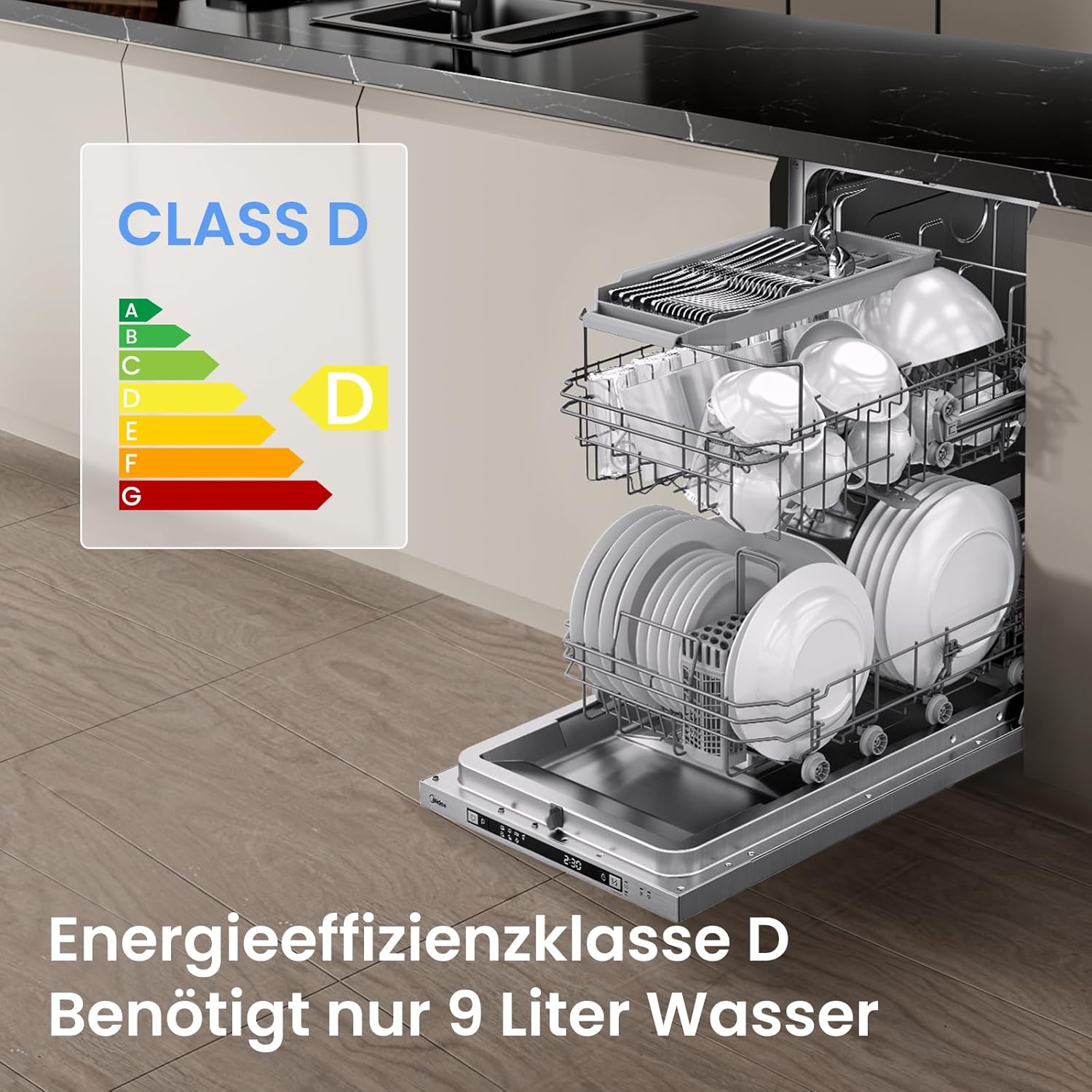 Midea MDWEB1014K Spülmaschine Vollintegriert 45 cm, 10 Maßgedecke, 8 Programme, Verstellbarer Oberkorb, LED Display, Halbe Ladung, Startverzögerung, Geschirrspüler Einbaugerät mit WIFI