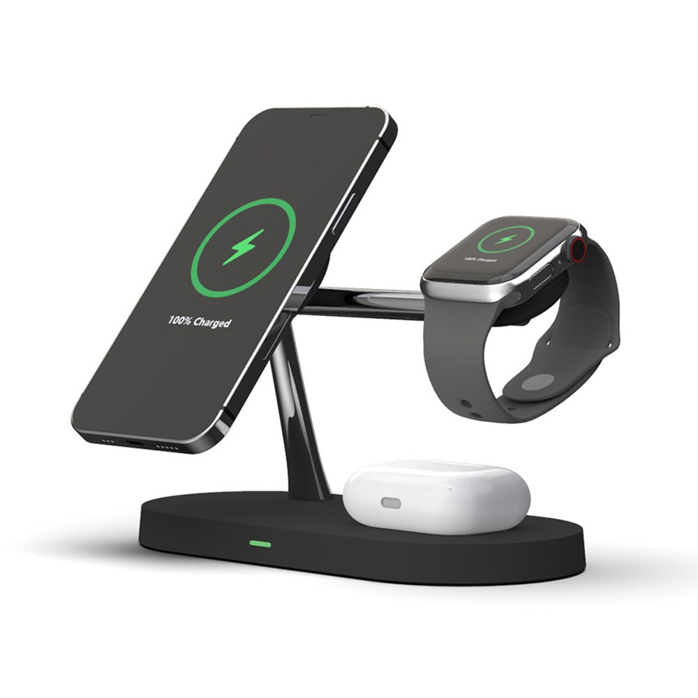 (15W) 5in1 Magnetischer Qi Wireless Charger für Apple Watch / Smartphone / AirPods Dockingstation mit LED Nachtlicht - Schwarz