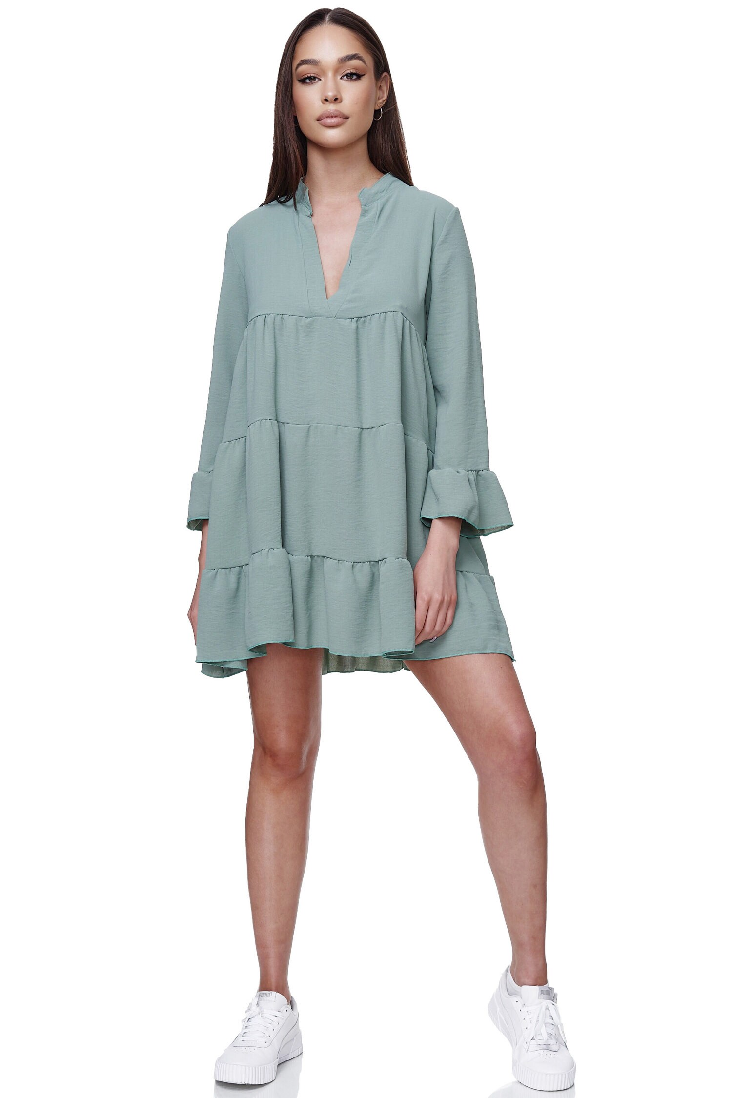 RAYSHYNE Damen Minikleid Midi Tunika Sommer Kleid mit Rüschen RS04