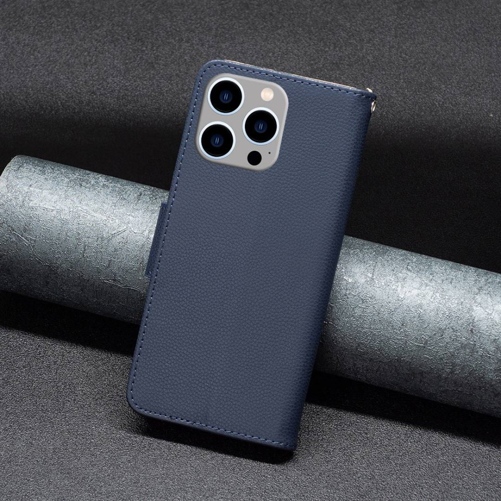 iPhone 14 Pro Max Leder Tasche Flip Cover im Litchi Look mit Kartenfach   Handschlaufe - Dunkelblau