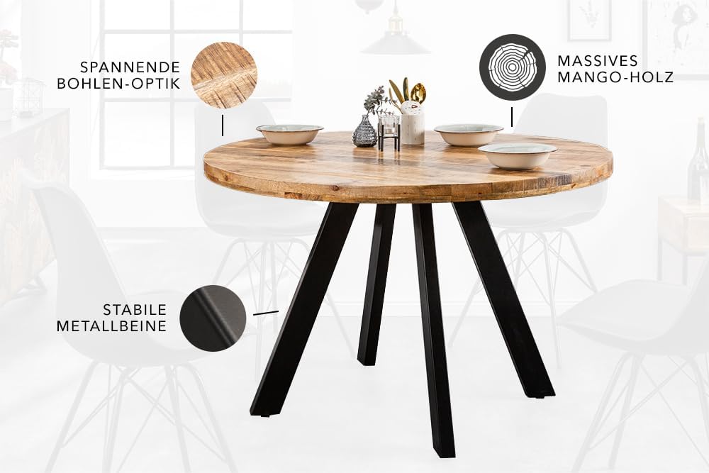 invicta INTERIOR Massiver Esstisch Iron Craft 120cm rund Natur Mangoholz Tisch Bistrotisch Küchentisch Holztisch