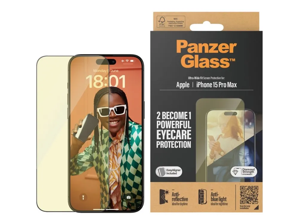 PanzerGlass™ | Ultra-Wide Fit - Skærmbeskyttelse til mobiltelefon - EyeCare Protection | Apple iPhone 15 Pro Max