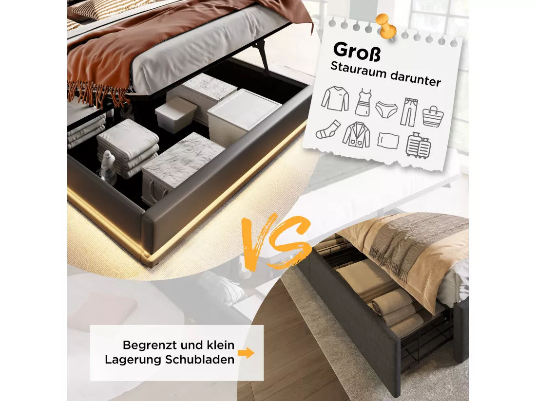Lit coffre 140 x 200 cm avec tête de lit - Prises USB et Type-C - LEDs - Tissu en coton - Gris (sans matelas)