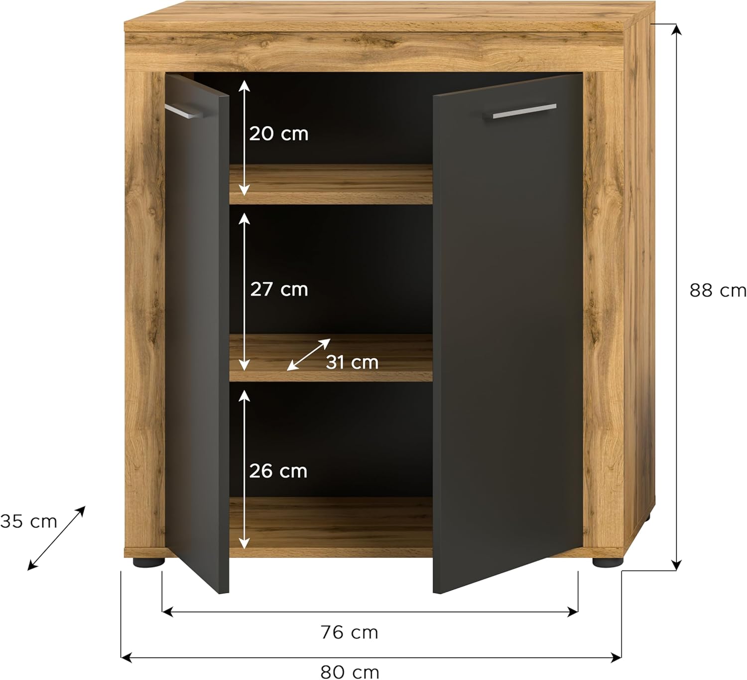xonox.home Wohnzimmer Jam Highboard Hochkommode Wohnzimmerschrank Hochschrank Anrichte in Front grau Nb. Korpus/Absetzung Wotan Eiche Nb., ca.80x88x35 cm