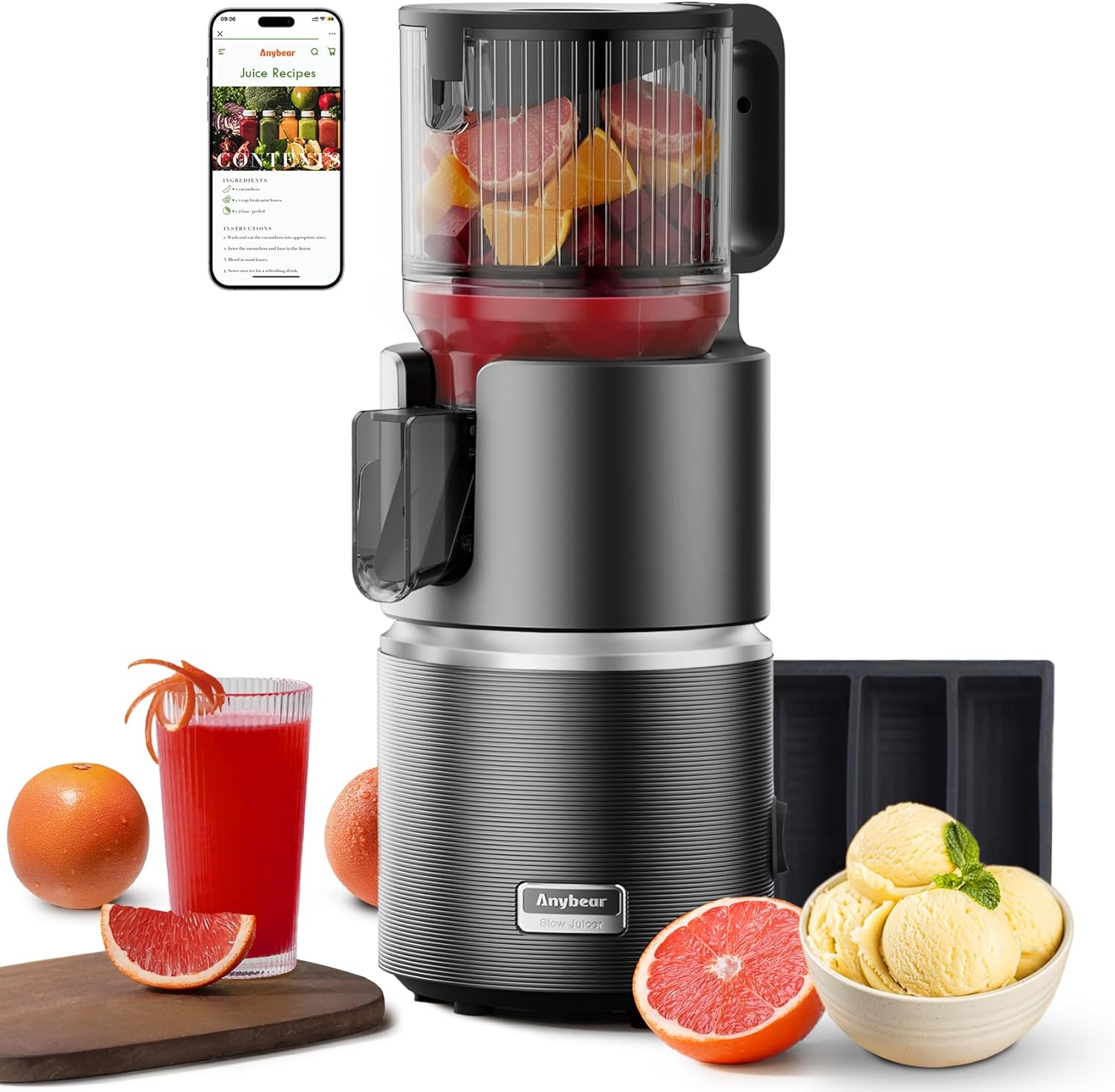 Anybear 350W Entsafter mit 124 mm Einfüllschacht Slow Juicer mit Doppel-Zerkleinerungstechnologie für Ganze Früchte & Gemüse | Hohe Saftausbeute | BPA-freies Tritan-Material（Dunkelgrau）