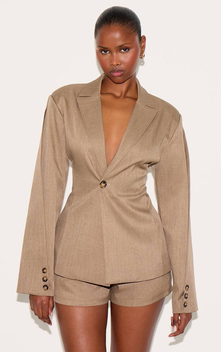 Light Brown Ensemble Coordonné Blazer Ajusté Tissé Avec Taille Cintrée