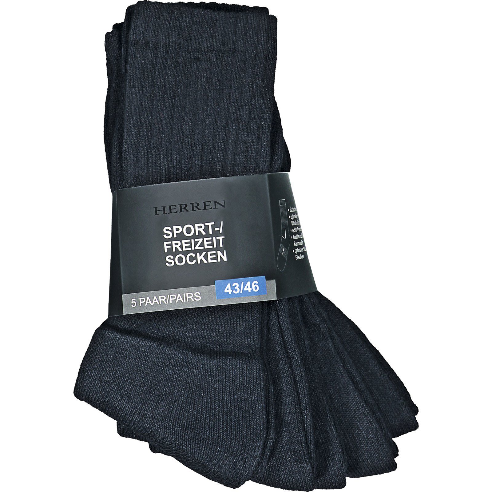 Herren-Sportsocken uni schwarz, 5 Paar