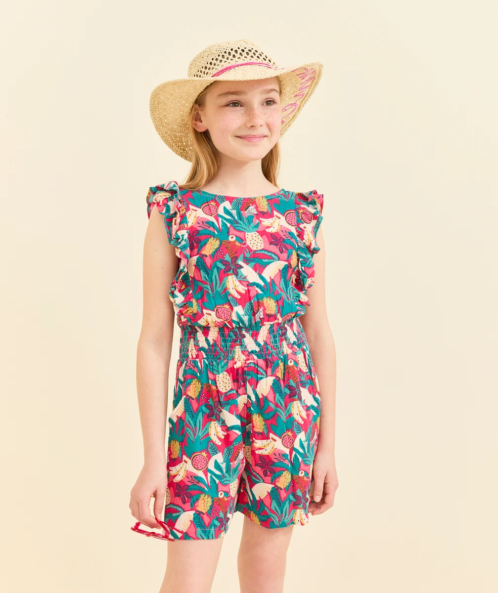 combi-short fille en viscose responsable rose imprimé jungle avec dos ouvert