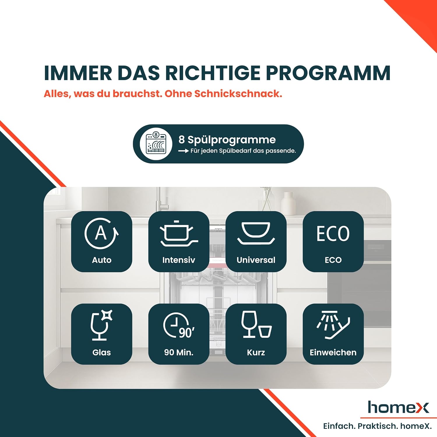 homeX Geschirrspüler 60 cm, Spülmaschine vollintegrierbar - 14 Maßgedecke, 8 Programme, AquaStop, Besteckschublade, 44 dB, Bodenlicht, Automatische Türöffnung, Einbaugeschirrspüler vollintegriert