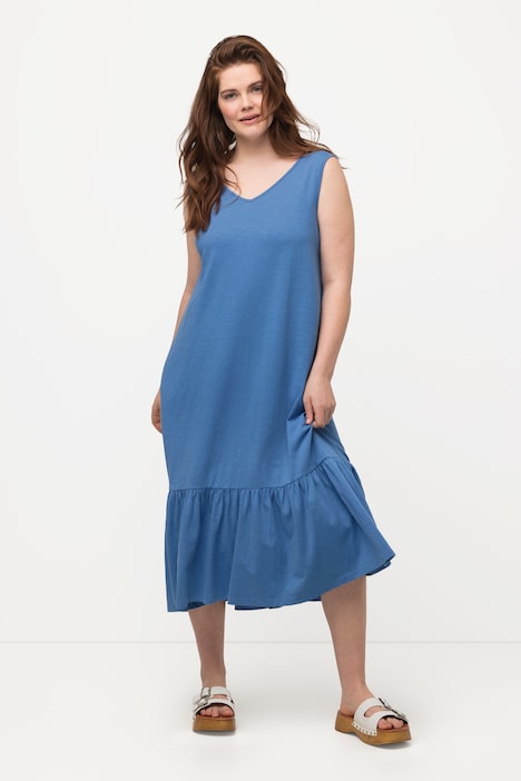 Midikleid, Volant, V-Ausschnitt, ärmellos, Biobaumwolle