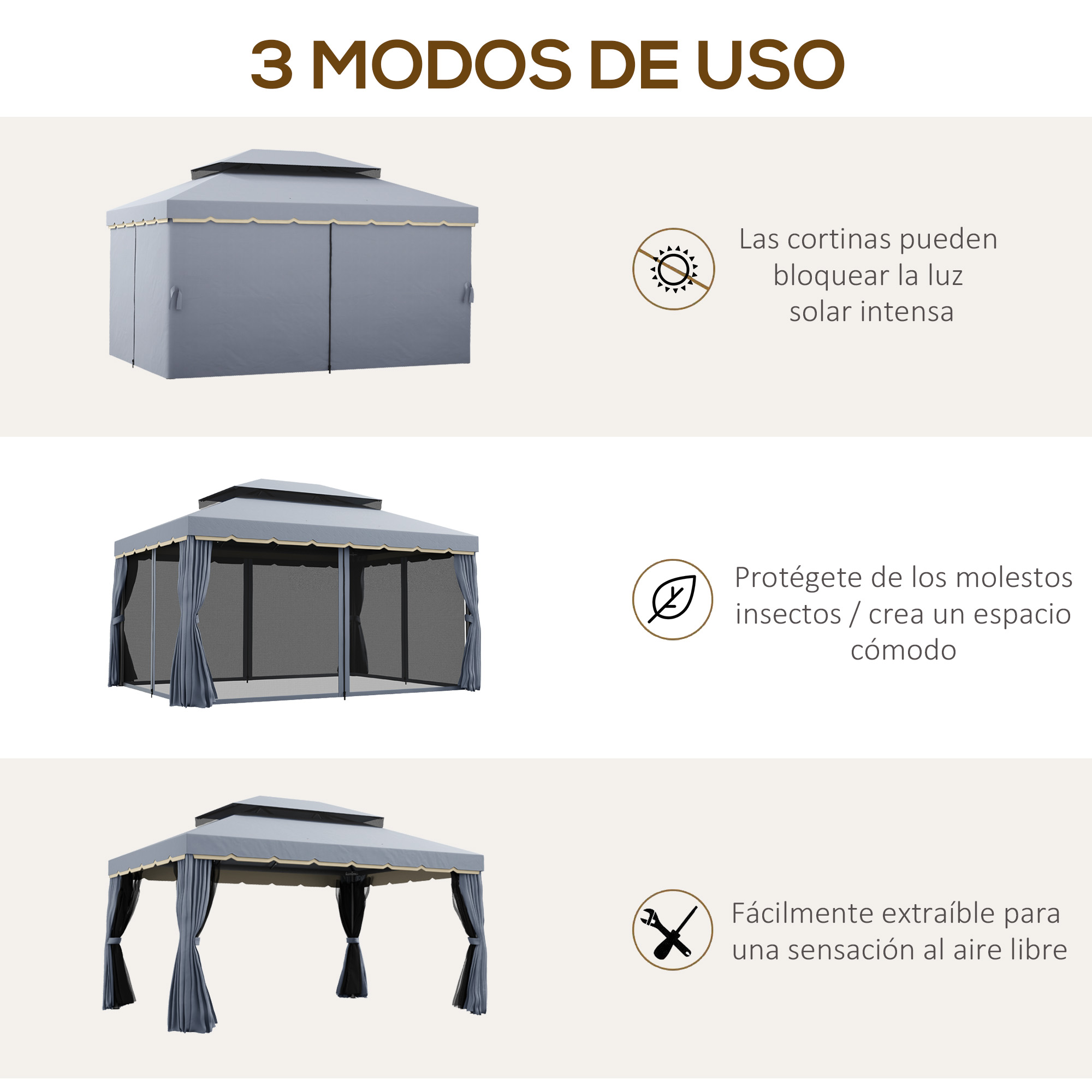 O conjunto de gazebo Outsunny inclui 1 gazebo de jardim de 4x3m com 4 cortinas laterais, 4 mosquiteiros e 1 cobertura extra de 4x3m para festas e eventos ao ar livre, nas cores cinza e bege.