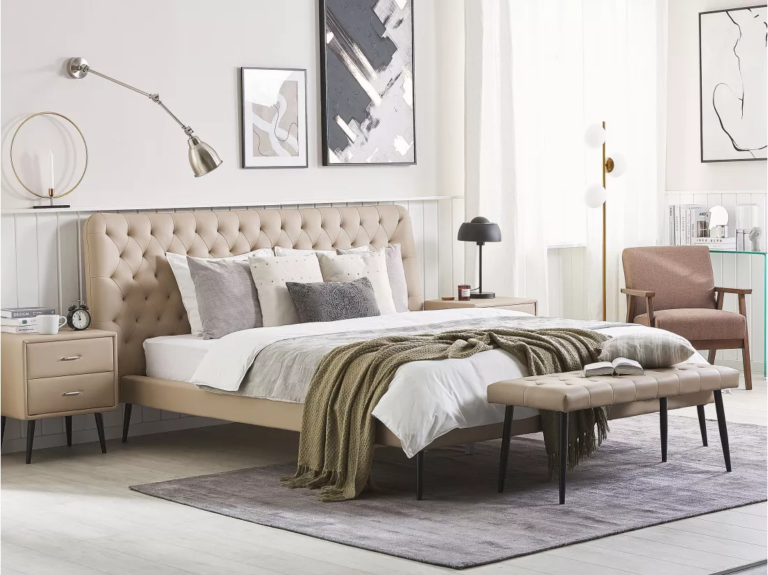 Ensemble de chambre Cuir PU ESSONNE 180 x 200 cm Beige