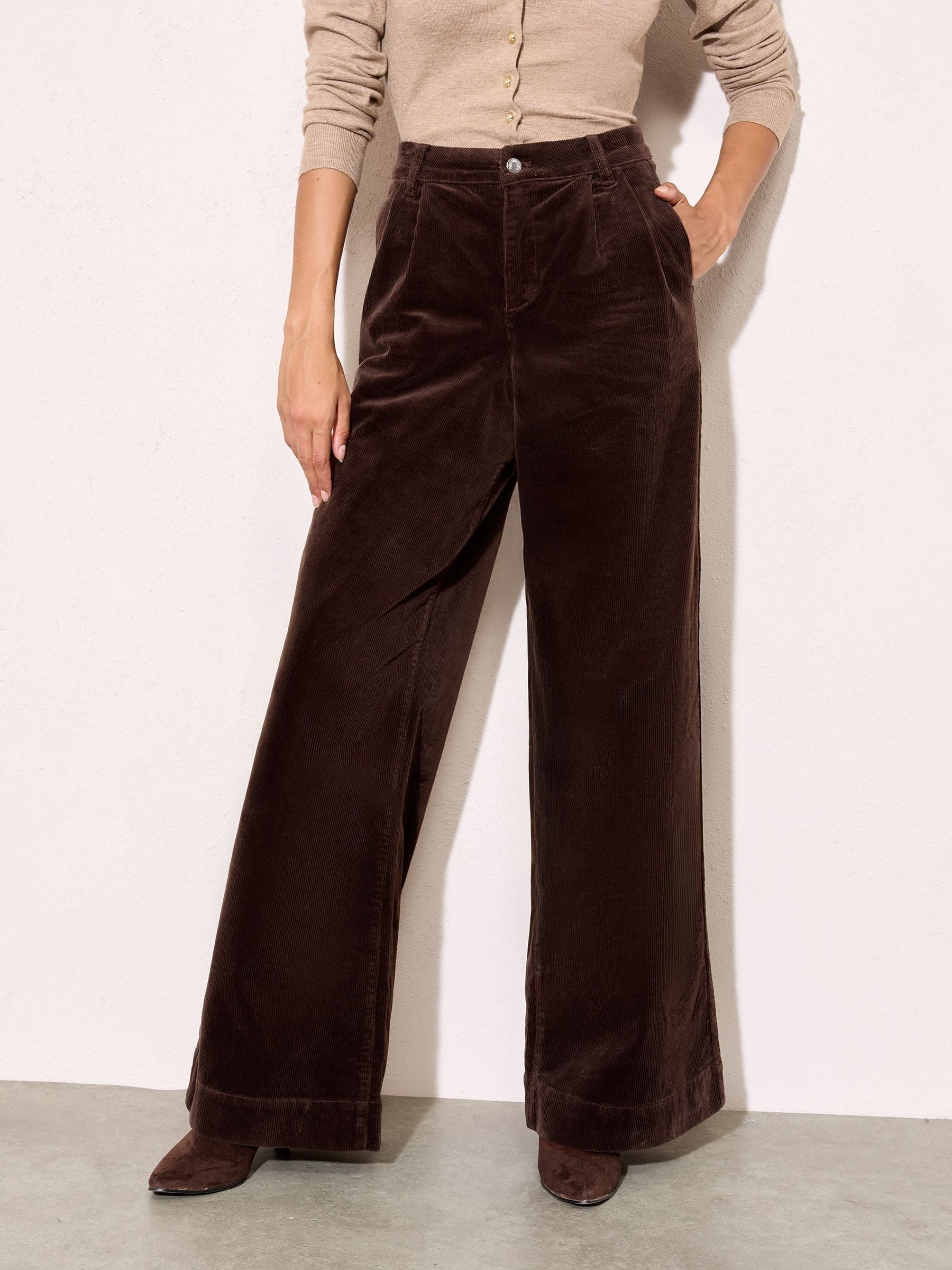 Bruin - Friends Like These corduroy geplooide voorkant wijde pijpen broek