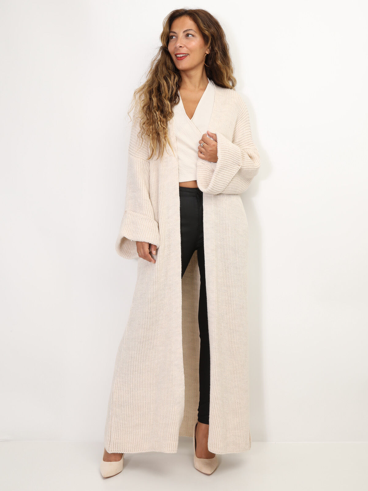 Gilet long à manches évasées- Beige