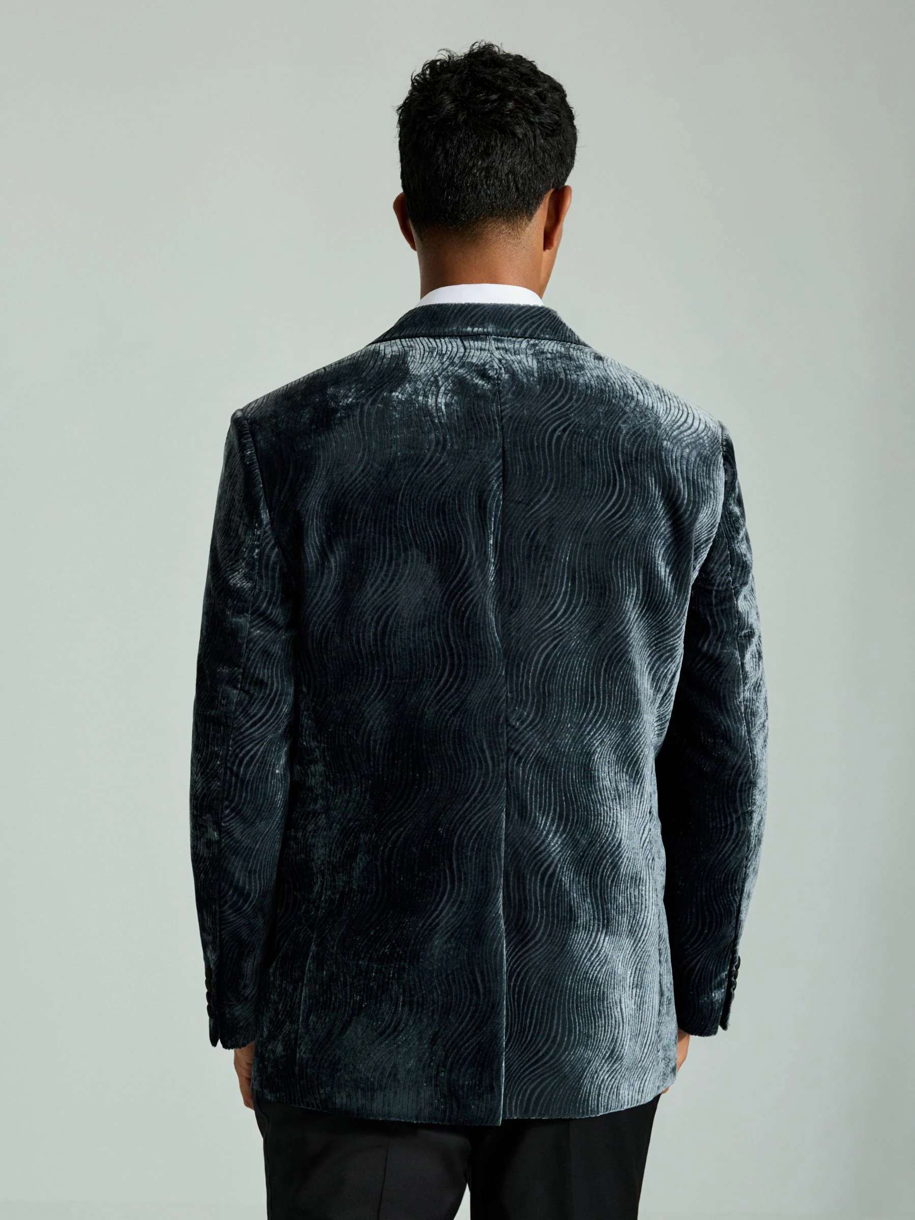 Staalblauw - Fluwelen blazer met patroon