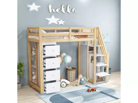 Lit mezzanine enfant 90x200 avec tiroir de rangement Commode avec étagères échelle à grimper de sécurité Couleur Bois