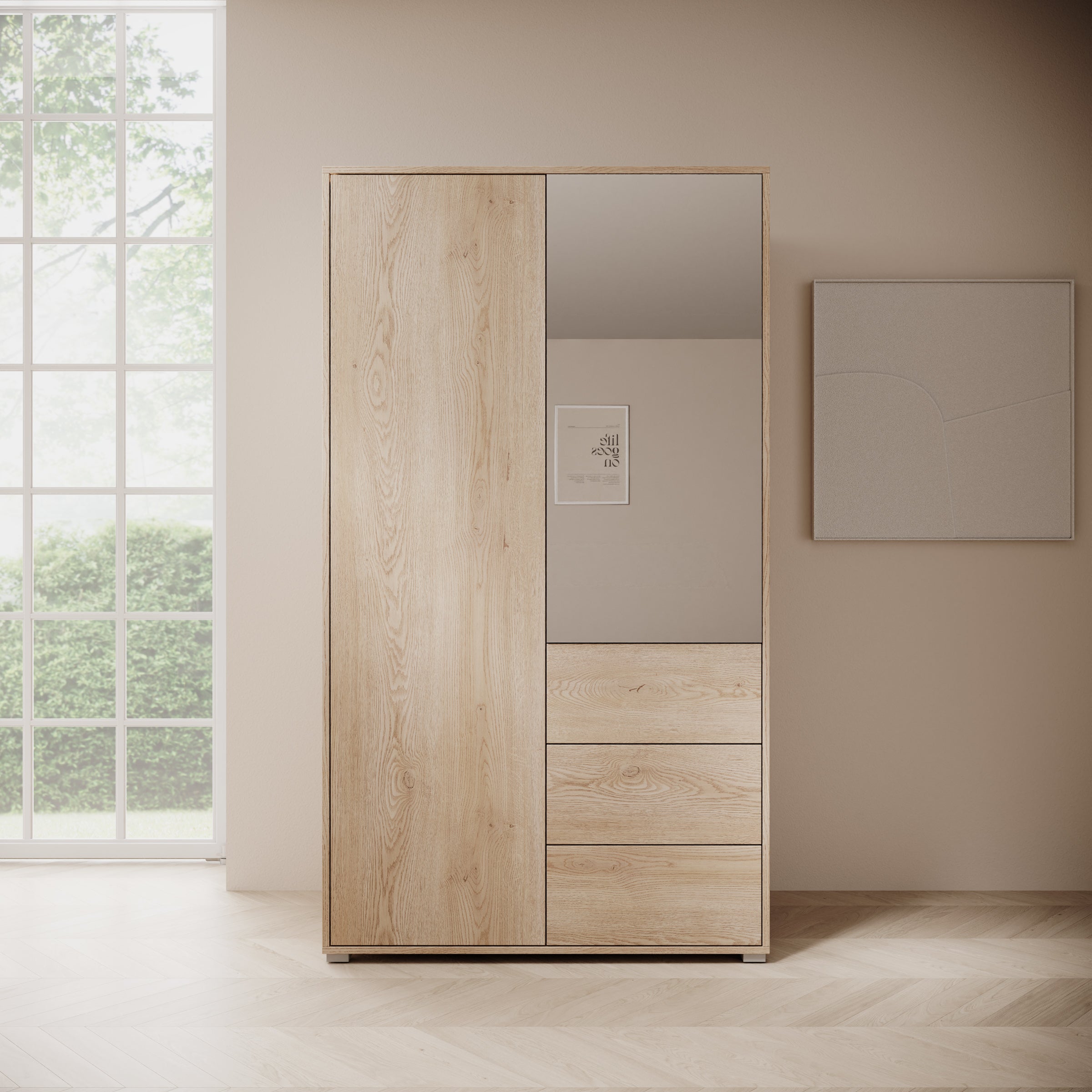 Meubella - Gideon - Kledingkast met spiegel - Eiken - 100x59x178 cm