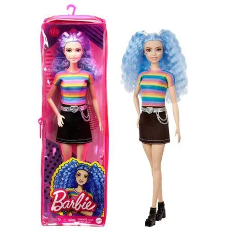 Barbie Fashionistas Puppe (blaue Haare) im Regenbogen-Shirt und Rock
