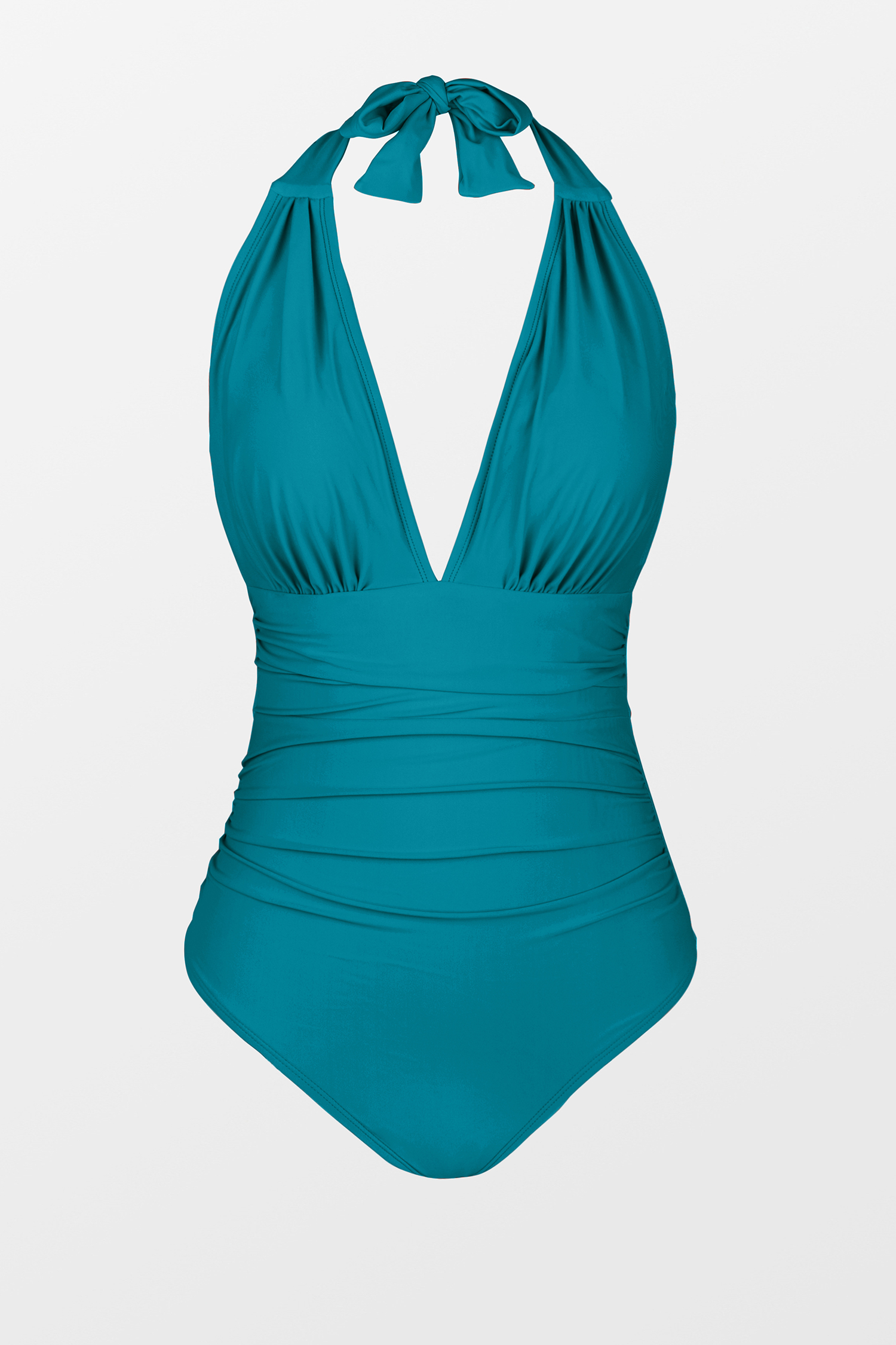 Maillot de bain une pièce ventre plat à col licou ruché bleu