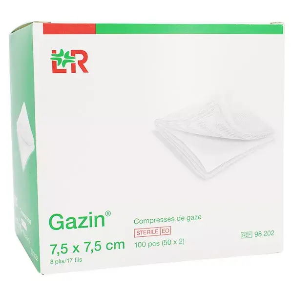 Compressas de gaze estéril L&R Gazin 7,5 x 7,5 cm, 50 x 2 compressas