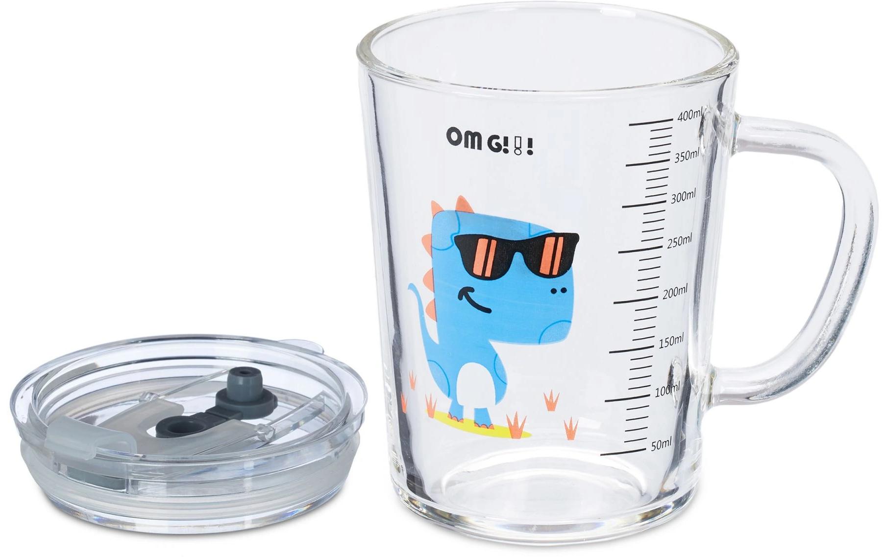 Kindertrinkglas Dino 2 Stück, 400 mlGlas mit Deckel und Strohhalm