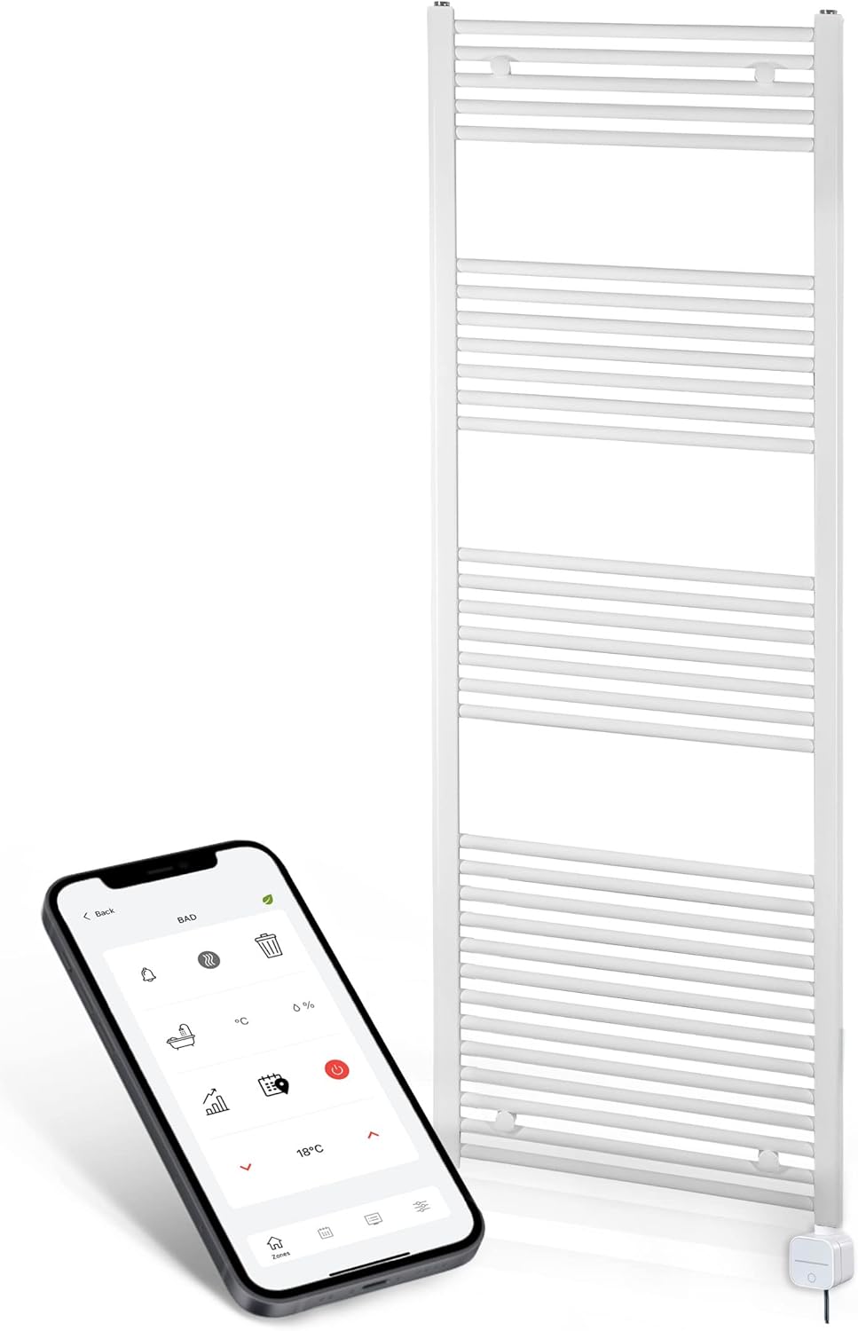 anapont Elektrischer Badheizkörper 1475x600 Handtuchheizkörper – Timer - Handtuchradiator, IPx5, komplett montiert – Atmosphäre & Komfort im Bad (mit Zeitschaltuhr)