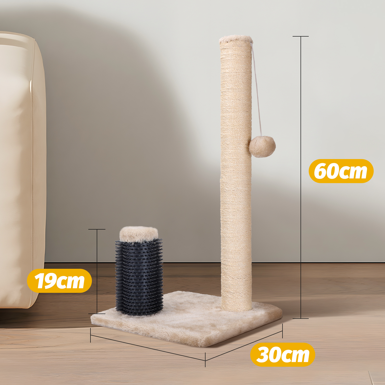 Arranhador para Gatos Nobleza, Poste Arranhador para Gatos, Corda de Sisal Natural com Brinquedo de Bola e Pente de Silicone para Gatos.