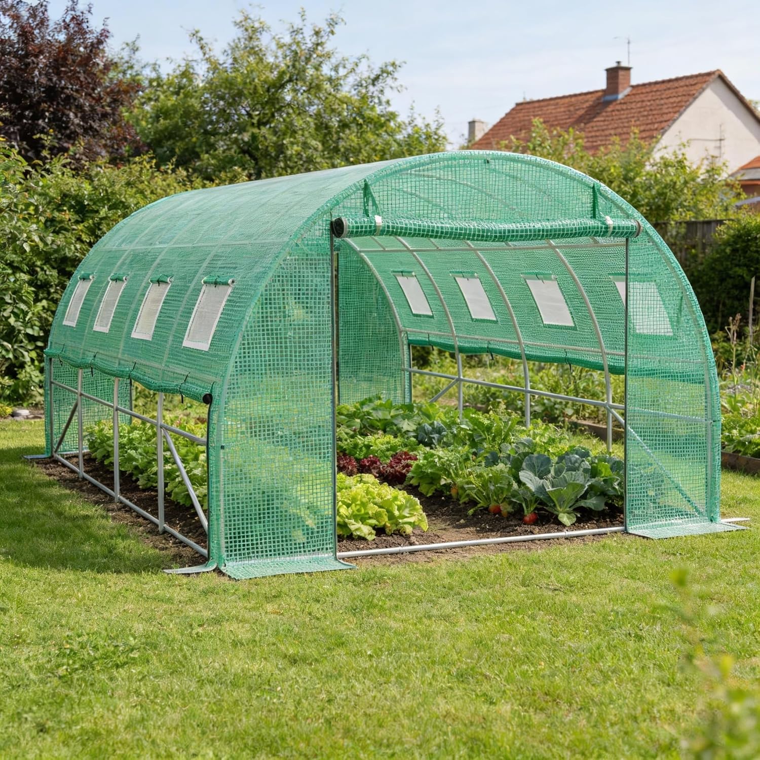 Gewächshaus 3x4 m (12 m²) – Garten Foliengewächshaus mit 8 Fenstern, UV-beständig, verzinkter Stahlrahmen, Moskitonetz, ideal für Gemüse, Tomaten, Blumen, Tomatenhaus, grün