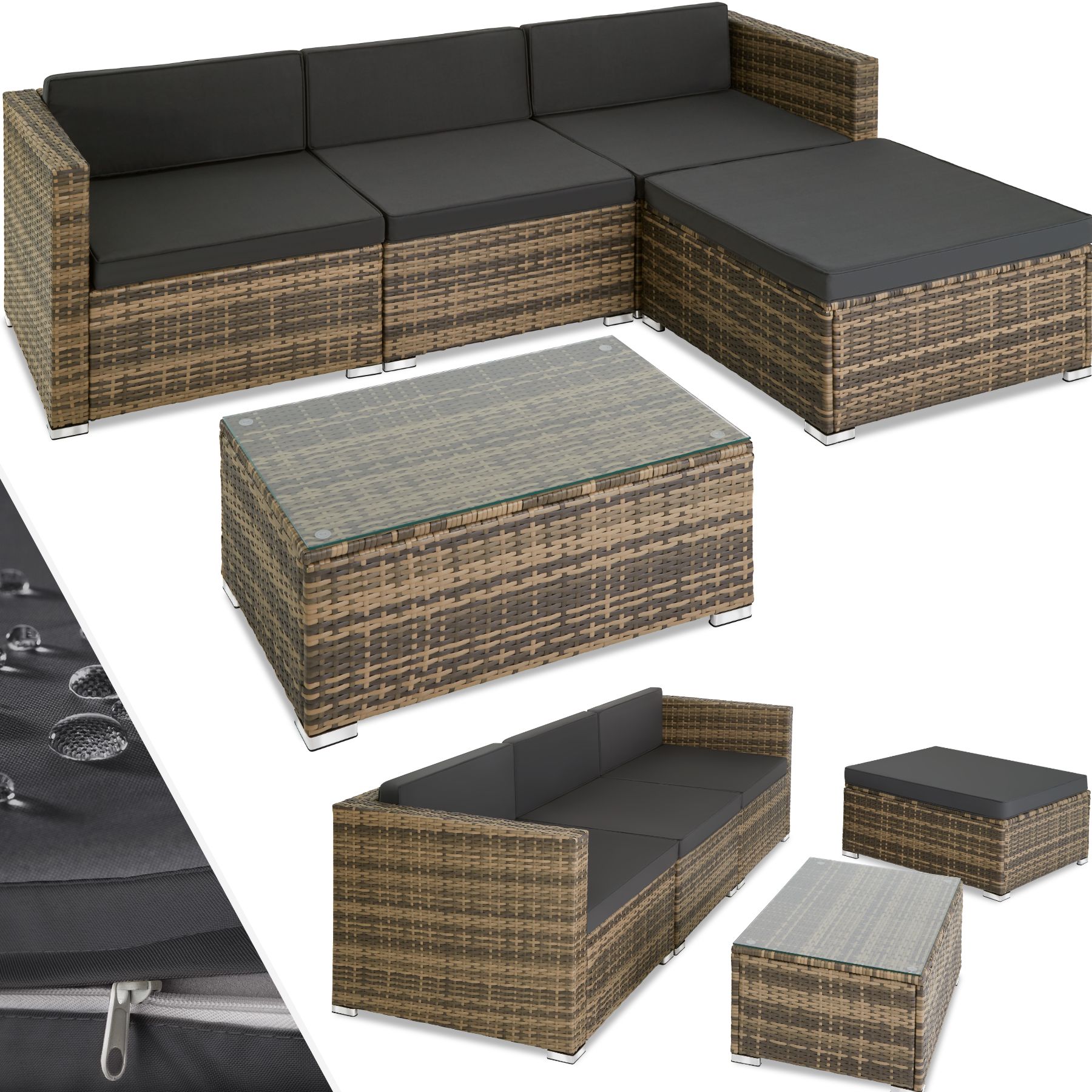 tectake® Rattan Lounge, für 3 bis 4 Personen, UV-beständig, mit Sicherheitsglasplatte