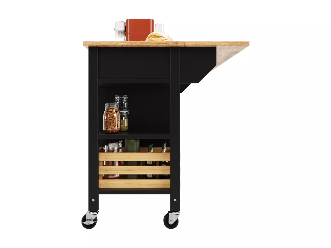 Ilot central de cuisine - chariot à roulette avec plateau extensible - 3 tiroirs et 2 portes - Noir
