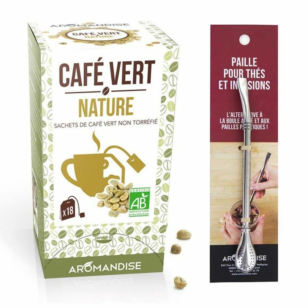 Café vert nature 18 sachets + paille inox avec filtre