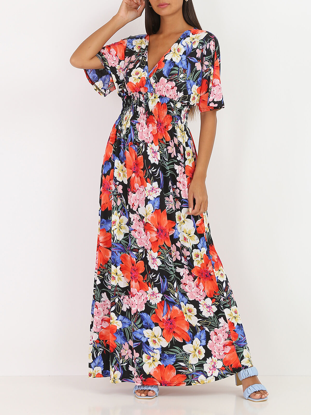 Robe longue fleurie à manches chauve-souris- Noir