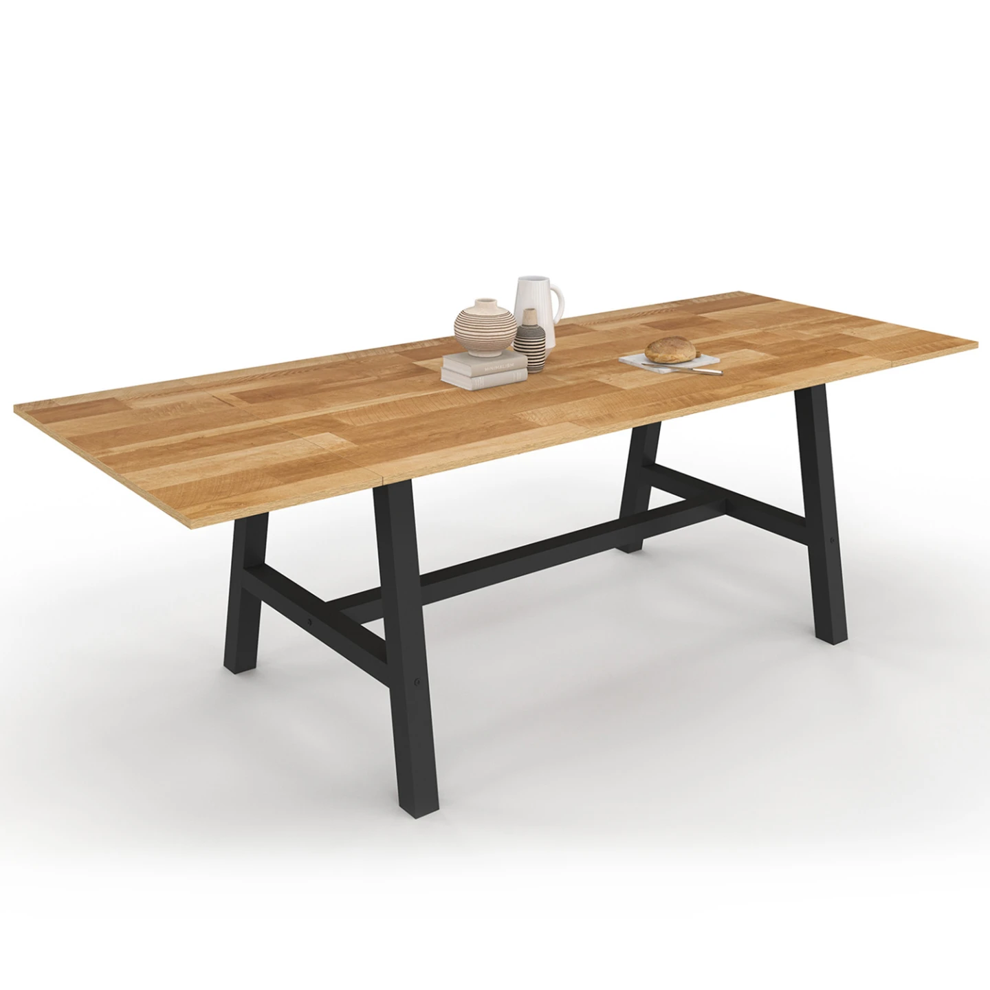 Table à manger extensible rectangle MADELEINE 6-12 personnes bois et métal noir 160-240 cm
