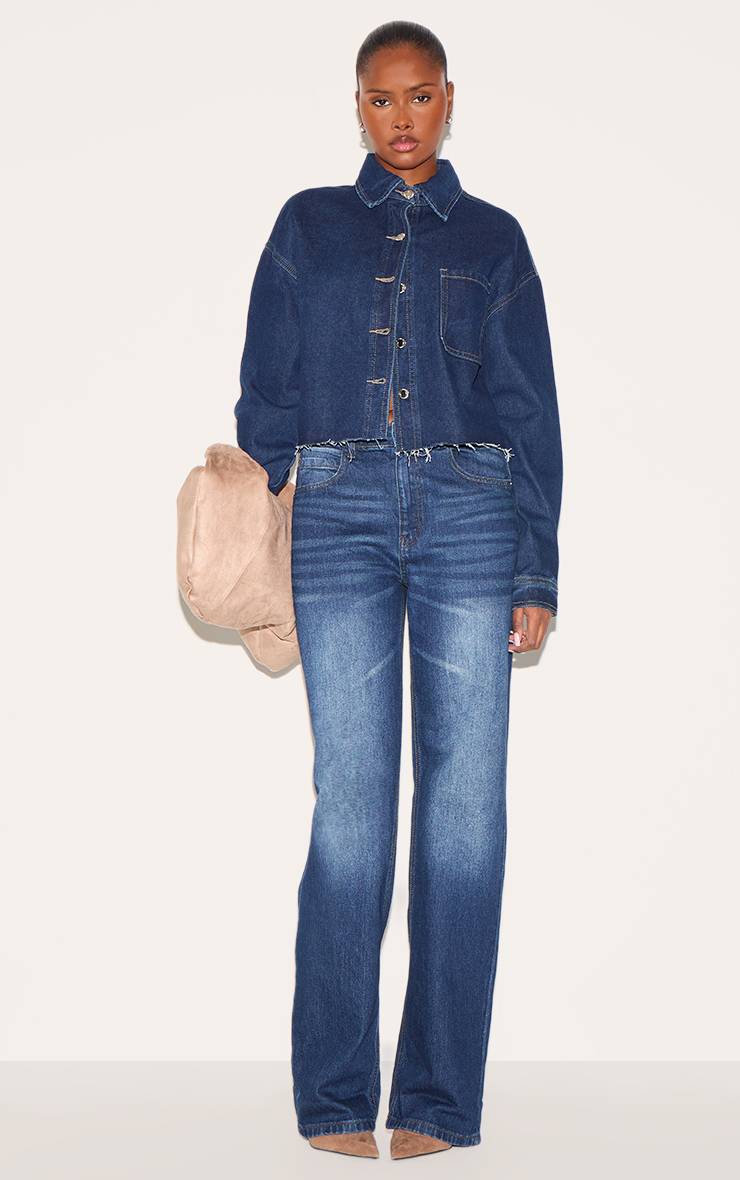 Bleu Indigo Chemise En Denim Raccourcie À Ourlet Brut