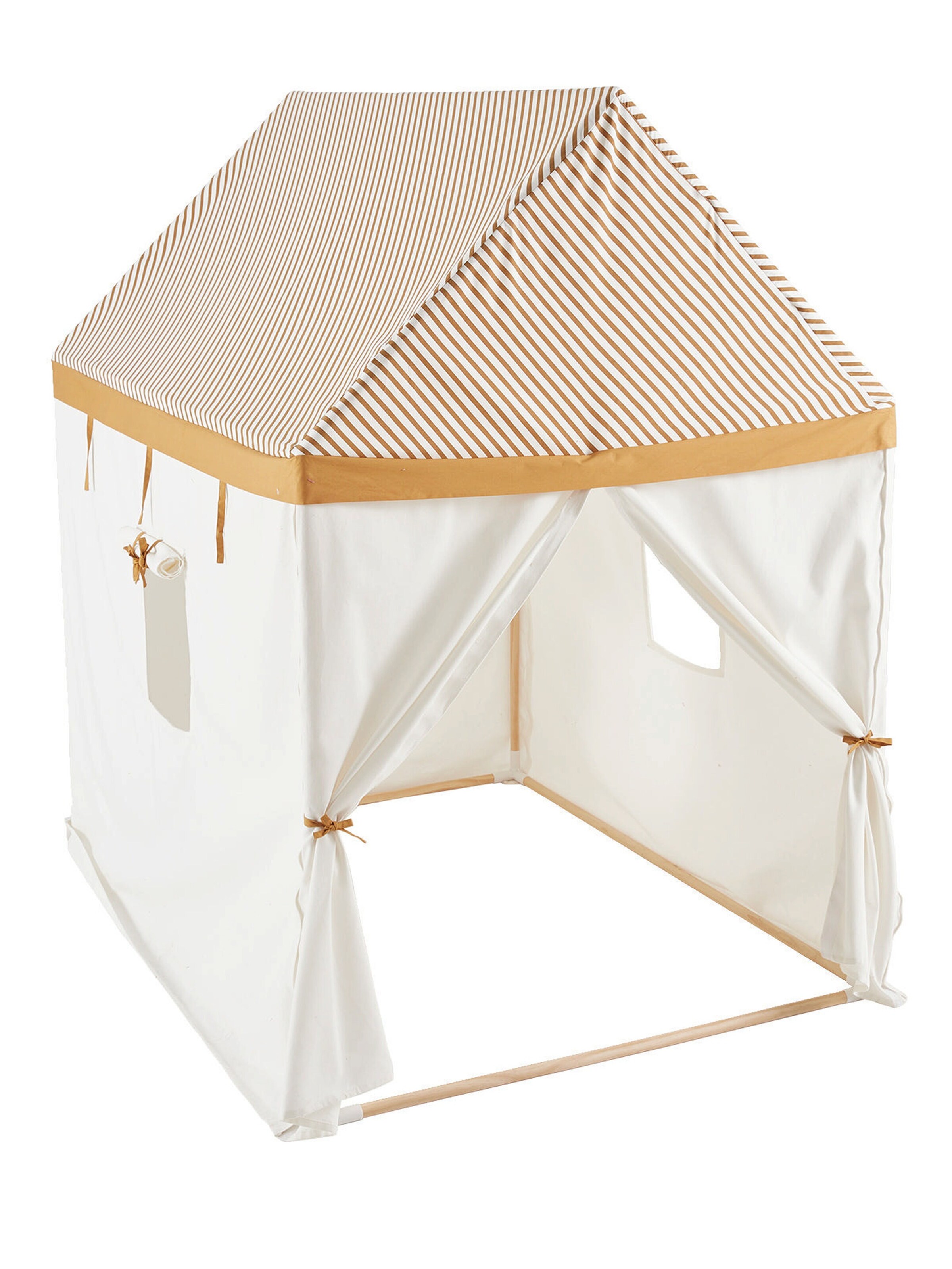 Vertbaudet Kinder Spielzelt, Spielhaus aus Stoff/Holzstangen wollweiß/senfgelb