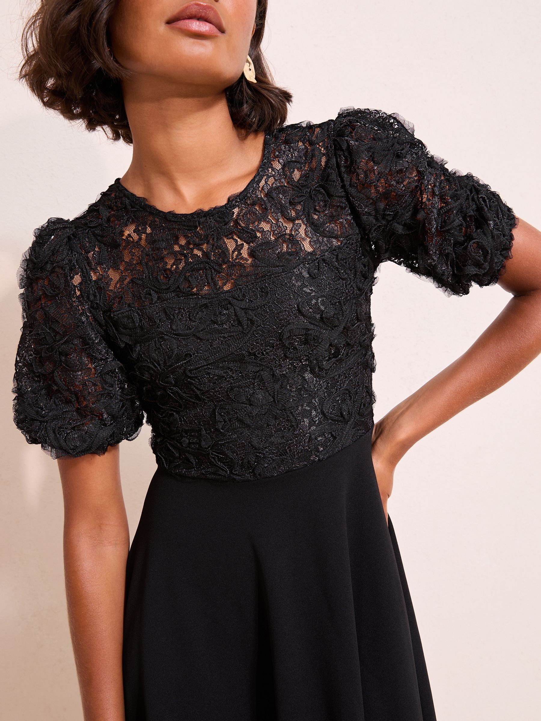 Friends Like These 3D Floral Scuba Mix Puff Sleeve Mini Dress