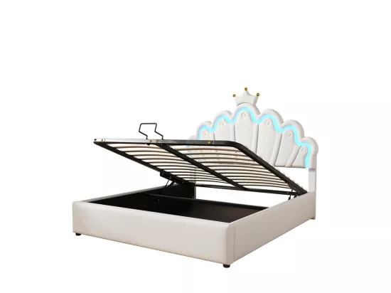 Lit coffre rembourré en similicuir 140x200cm - lit princesse avec LED et moulures en couronne - Blanc