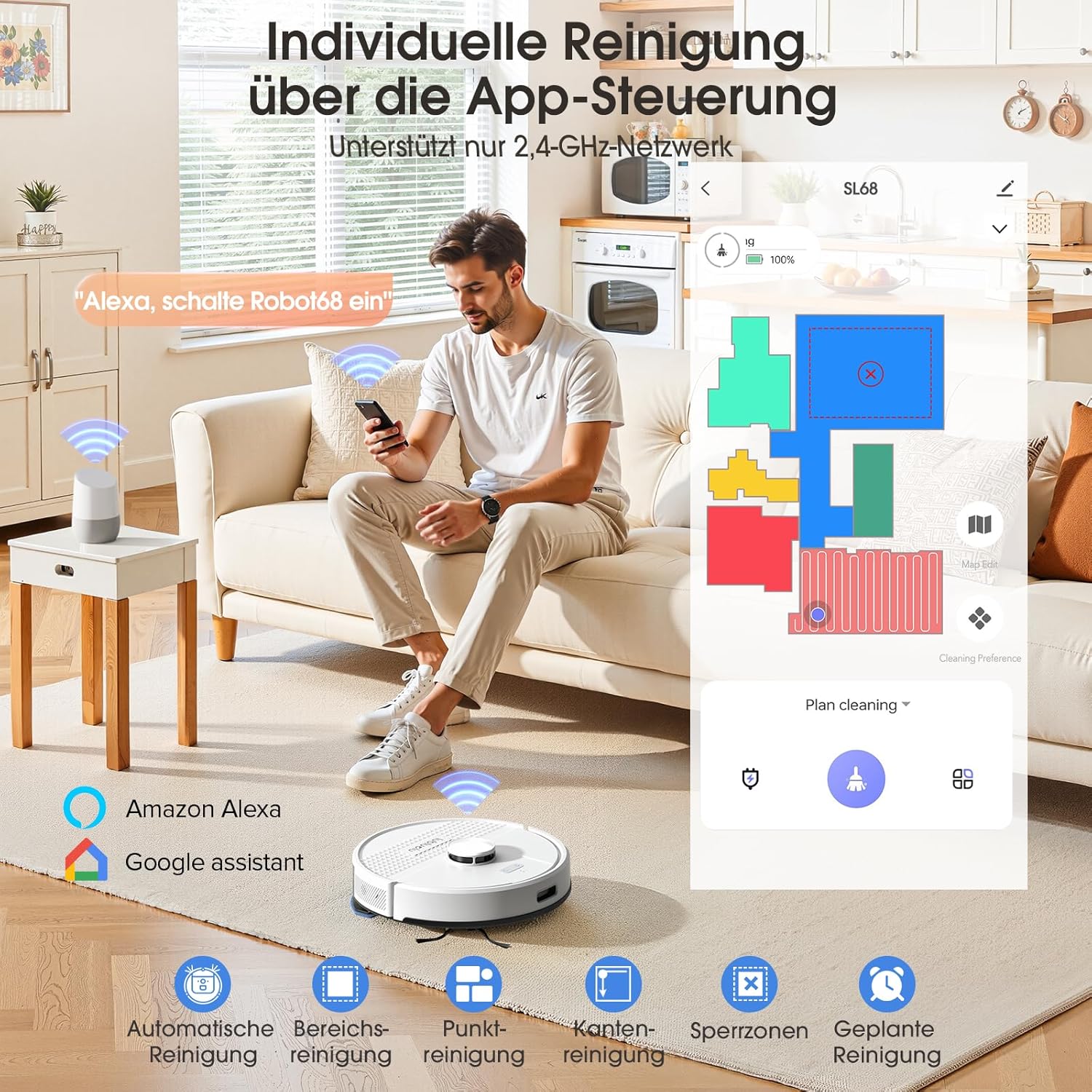 Lubluelu Saugroboter mit Wischfunktion 3-1, 5000Pa Staubsauger Roboter mit Lasernavigation, Roboterstaubsauger SL68 mit Anti-Siphon-Technologie, 150 Min Laufzeit, APP Steuerung, 24 No-Go Zonen (Weiß)
