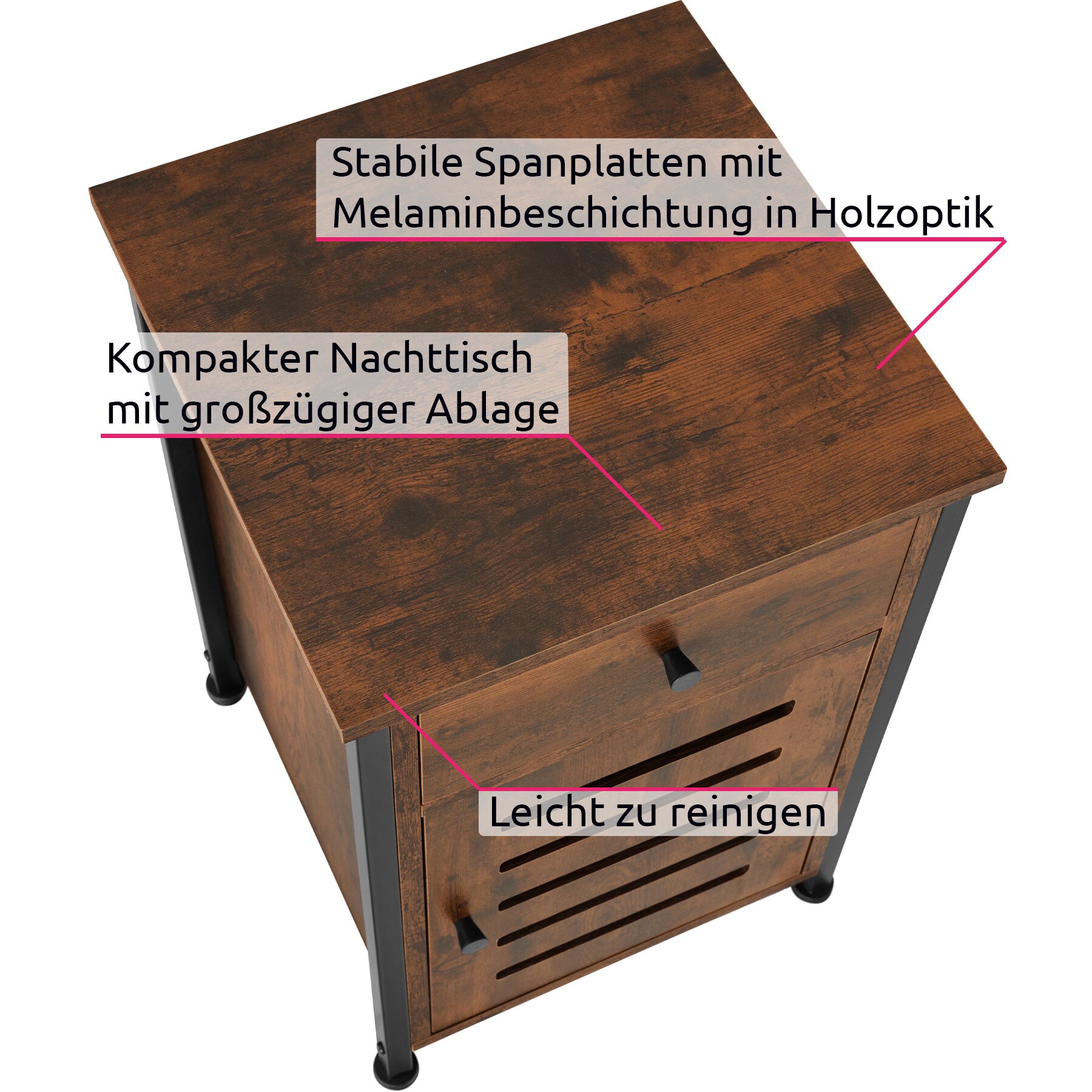 tectake® Nachttisch, Industrial Style, Ablage, Schublade und Staufach mit Magnettür und Einlegeboden, 40 x 42 x 60,5 cm