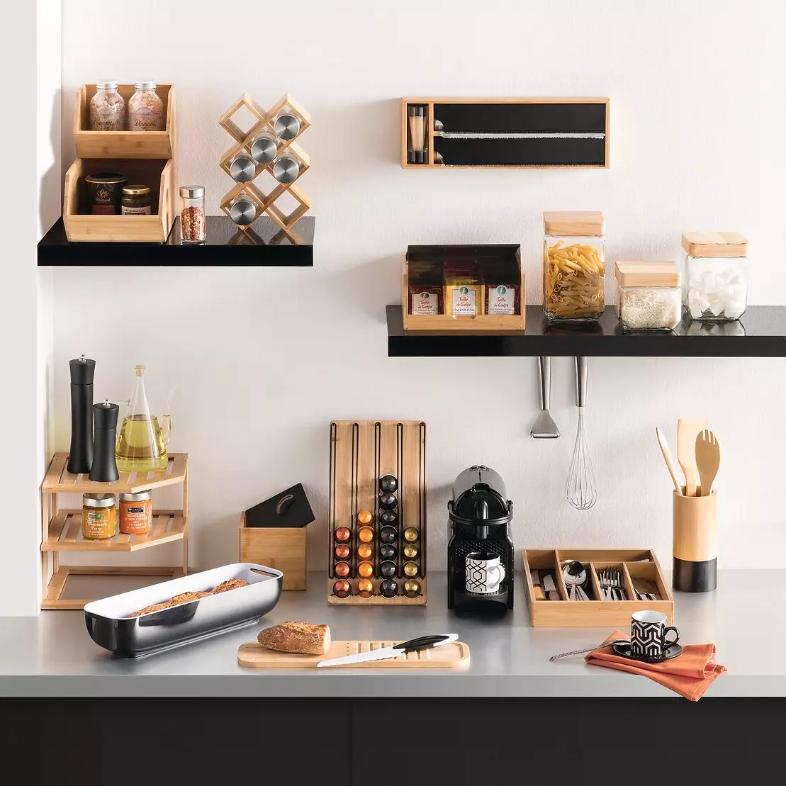 Etagère dérouleurs et compartiment (39 x 13 cm) Bambou Noir