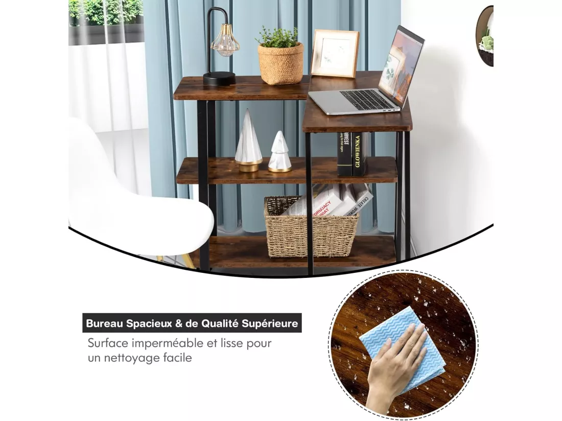 Table Roulante, Bureau d’Angle Mobile avec 3 Étagères, Table d’Appoint Rotative 360°pour Salon, Chambre, Montage Facile, Bureau avec Rangement, Marron Rustqiue 80 x 71,5 x 67cm